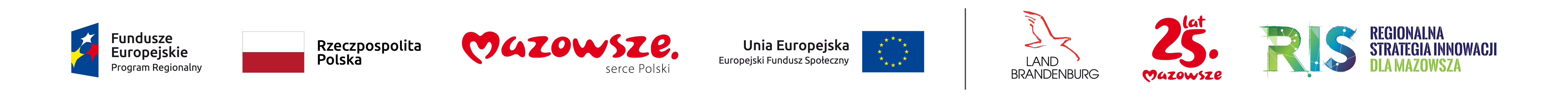 Belka z logotypami na bannerze głównym: Fundusze Europejskie, RP, Mazowsze, UE, Brandenburgia